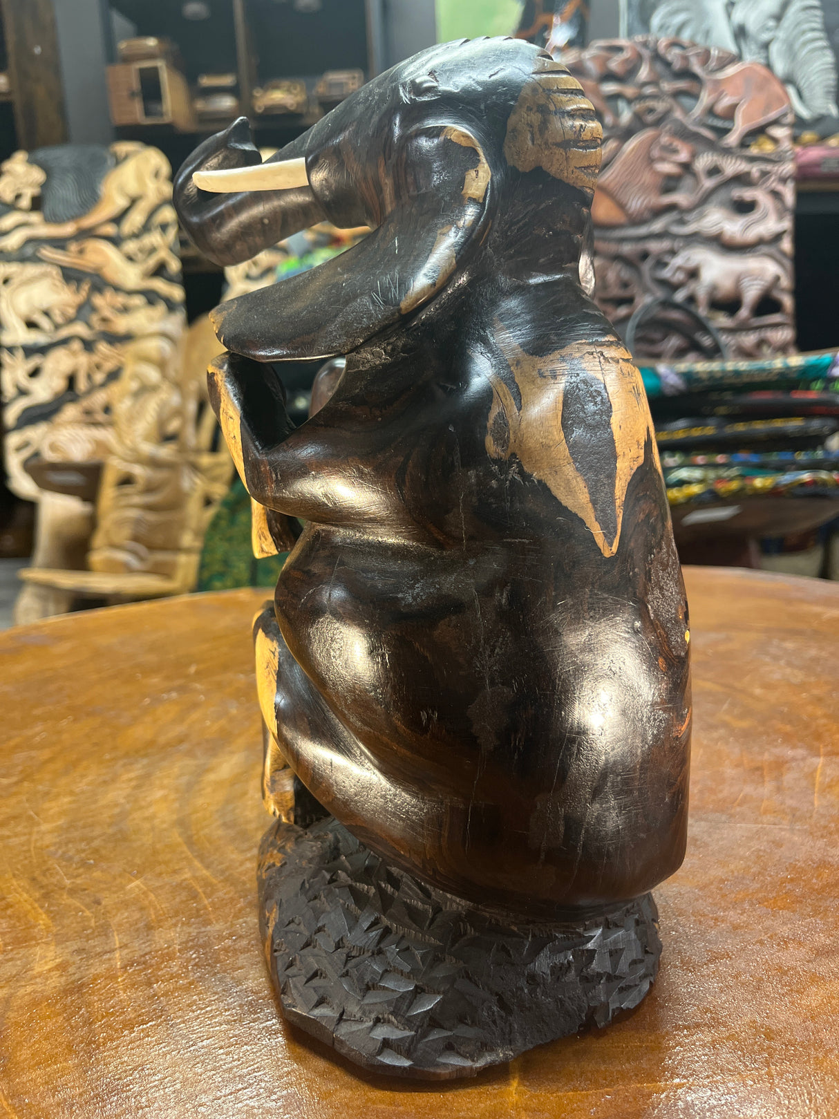 Hand Carved Happy Ebony Elephant