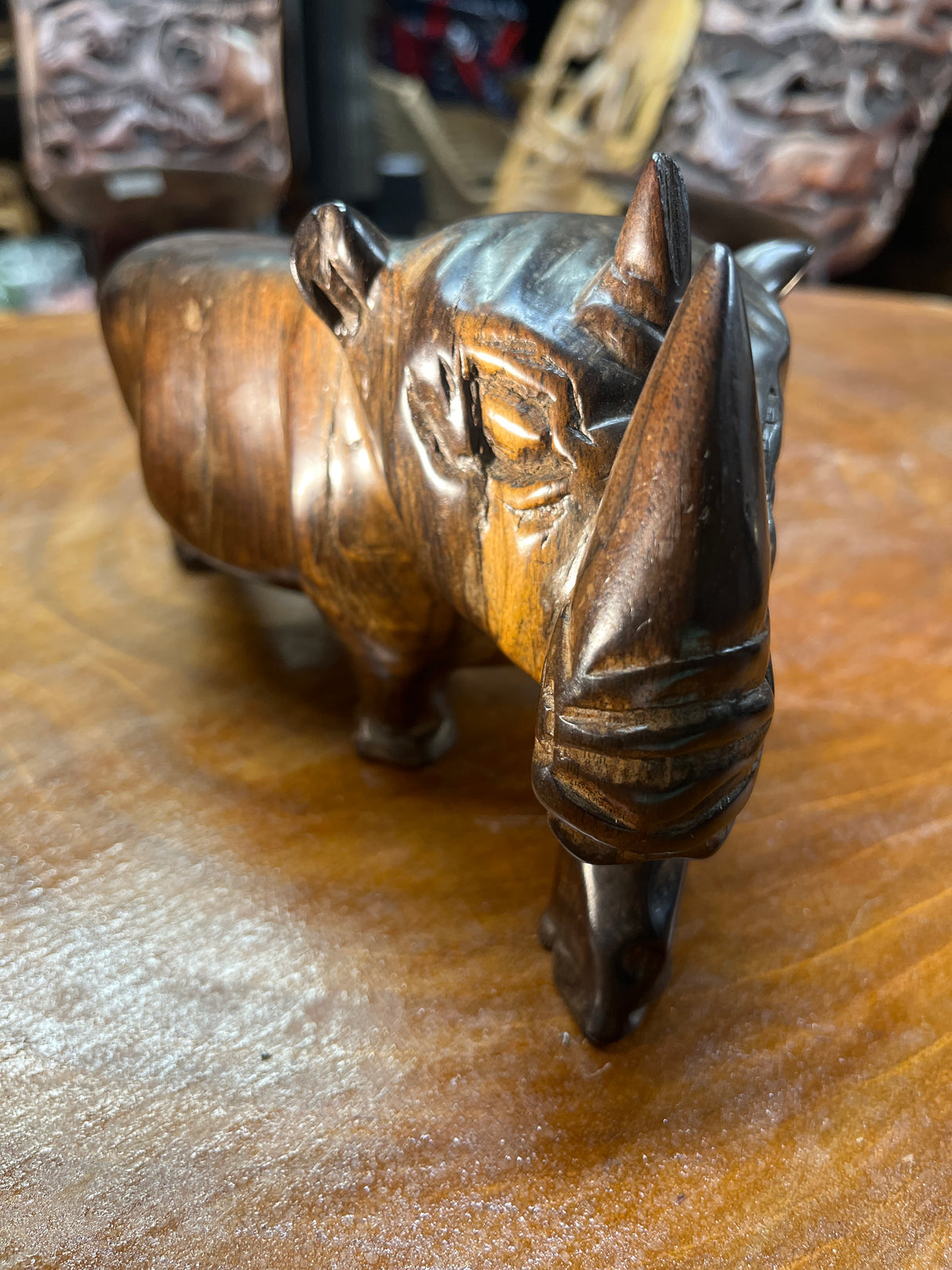 Short and Stocky Handcarved Wooden Standing Rhino Curio
