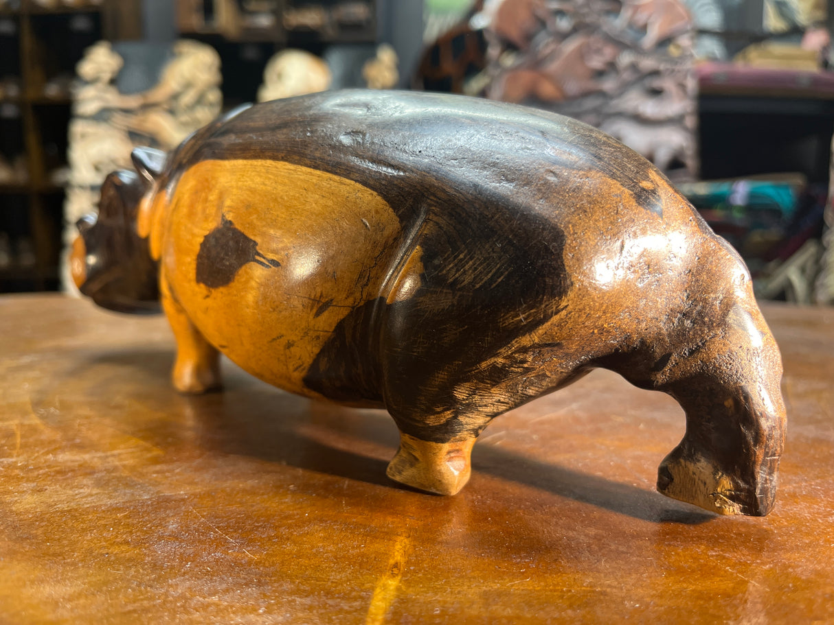 Hand Carved Dark Brown Wooden Hippo - Mouth Closed and Long Body