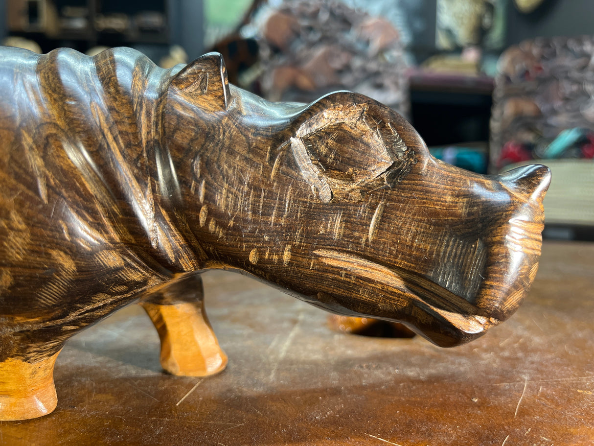 Hand Carved Dark Brown Wooden Hippo - Mouth Closed and Long Body