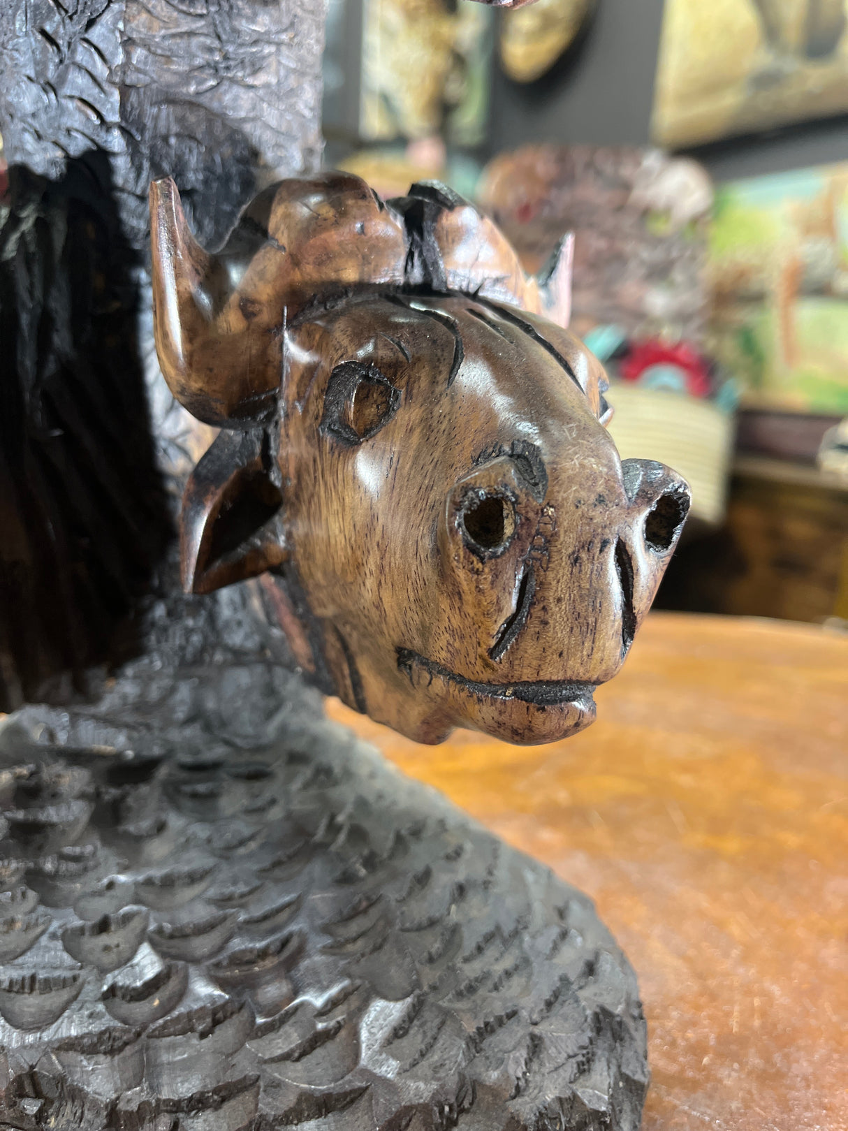 Hand Carved ‘Big 5’ On a Tree Trunk Ornament - Elephant, Leopard, Rhino, Lion, Buffalo