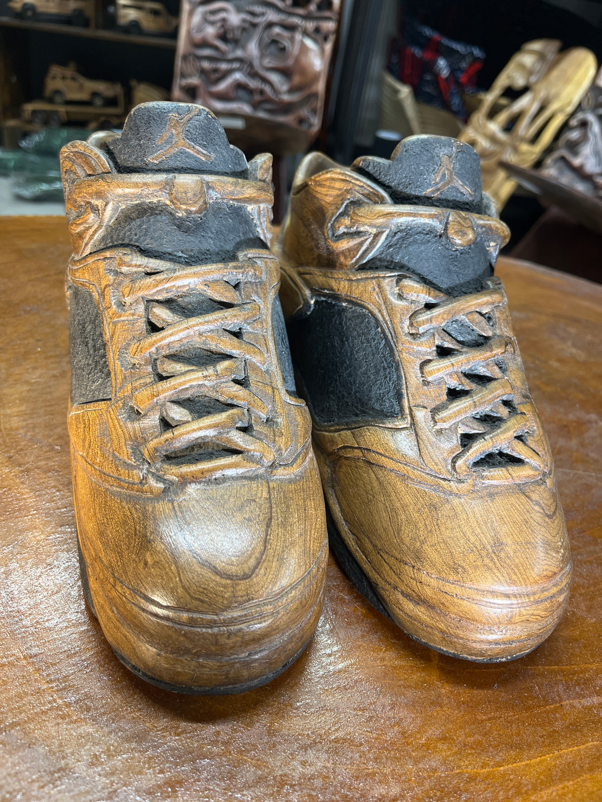 Pair of Jordan 5 V1.2 Hand Carved Mahogany Display Piece