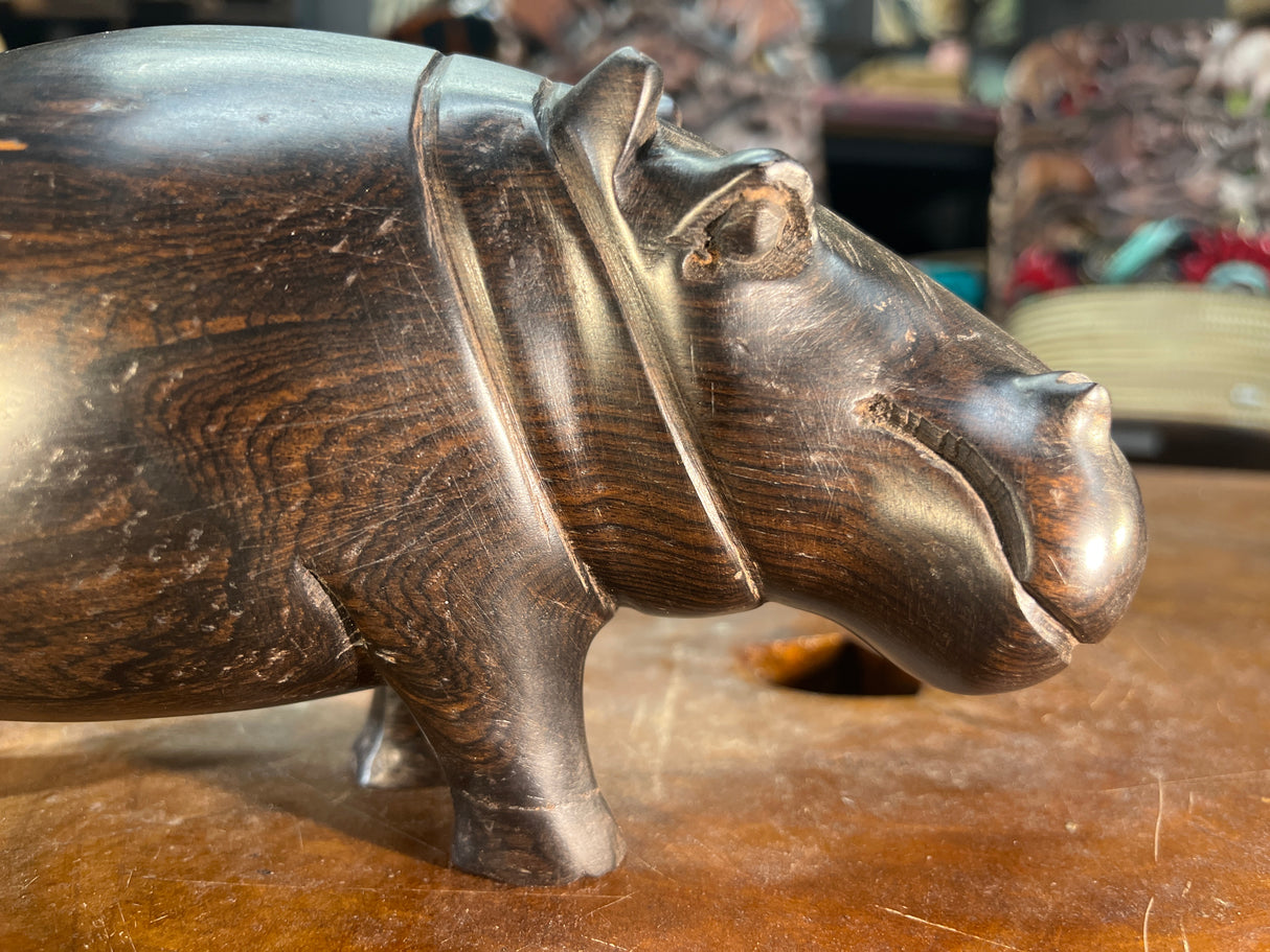 Hand Carved Ebony Wooden Hippo - Mouth Closed