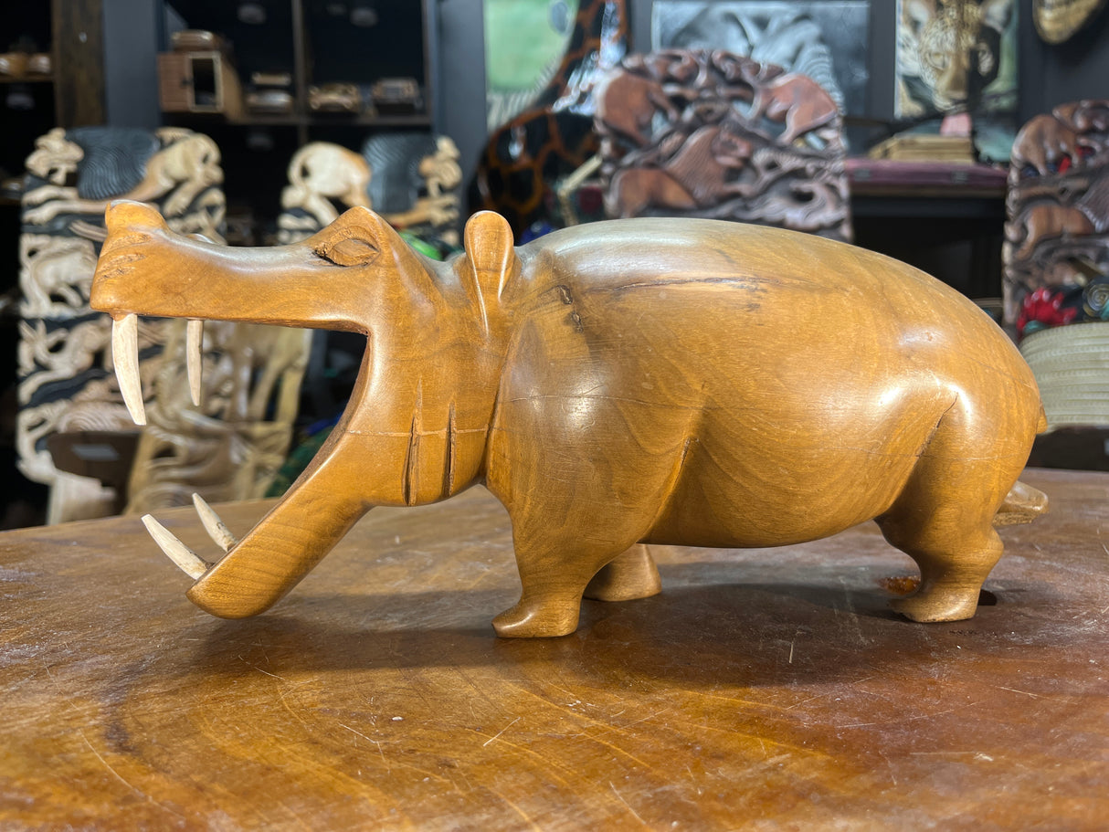 Hand Carved Wooden Walking Hippo - Mouth Open With Teeth