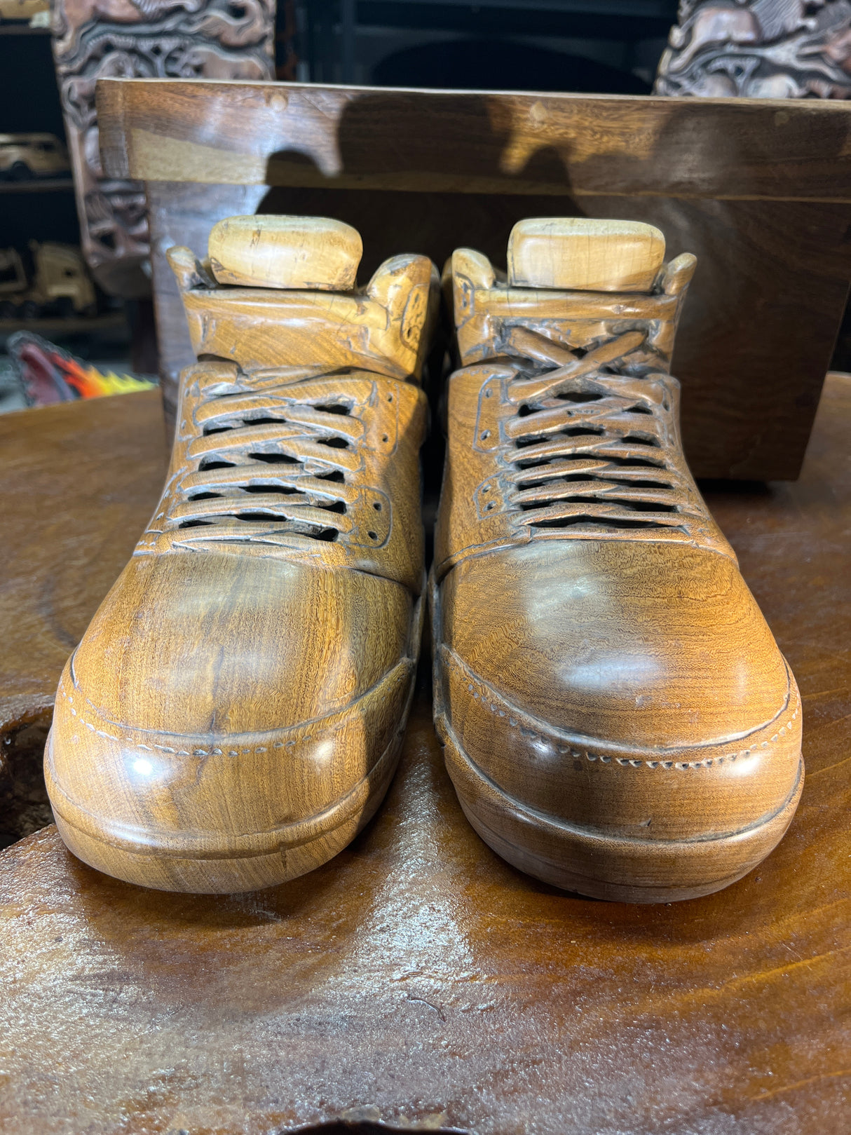Pair of Jordan 5 V3.1 Hand Carved Mahogany Display Piece with Wooden Box