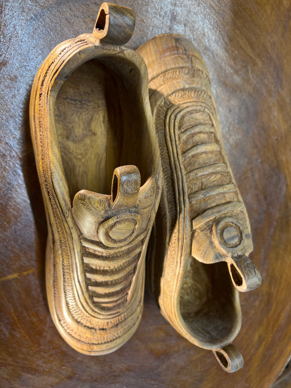 Pair of Nike Air Max 97 V1.1 Hand Carved Mahogany Display Piece