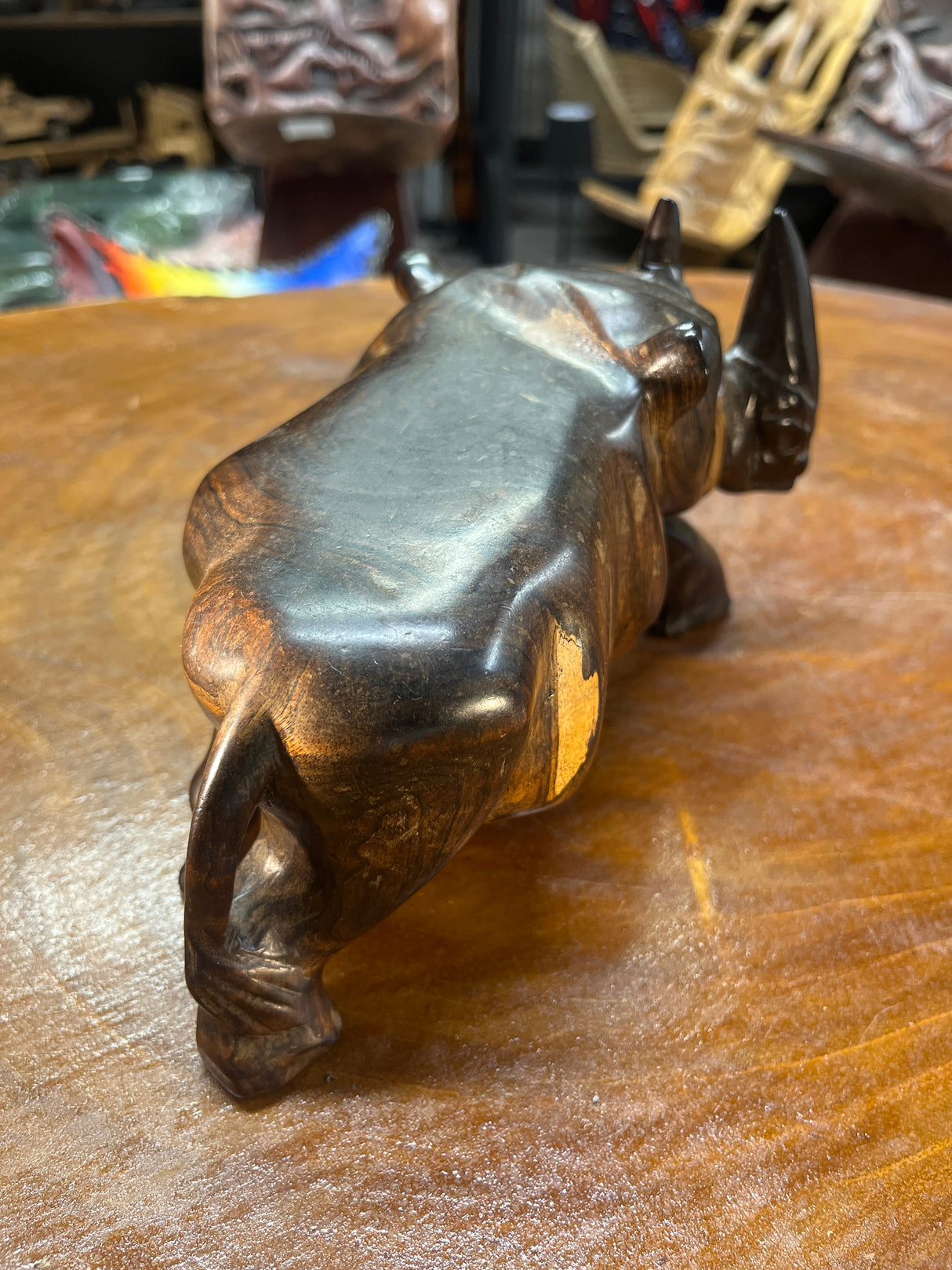 Short and Stocky Handcarved Wooden Standing Rhino Curio