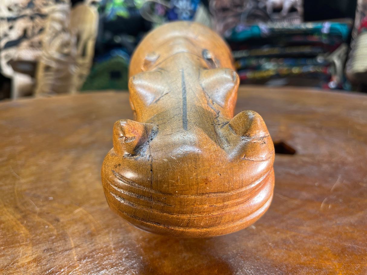 Hand Carved Light Brown Wooden Hippo - Mouth Closed