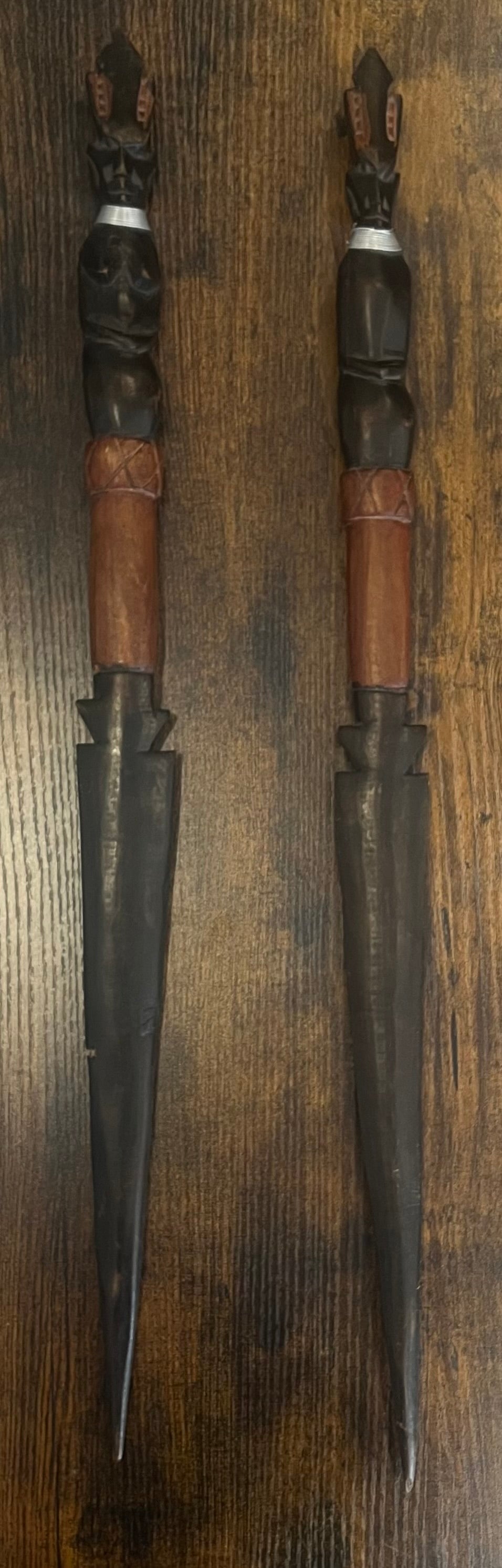 Pair of Large African Hand Carved Wooden Ceremonial Tribal Daggers