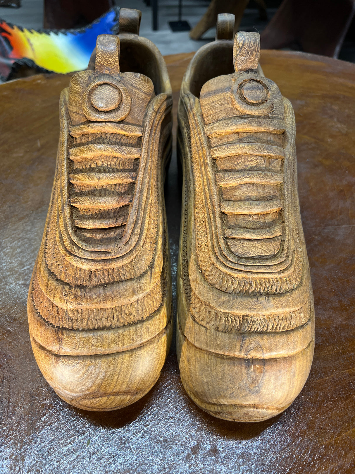Pair of Nike Air Max 97 V1.1 Hand Carved Mahogany Display Piece