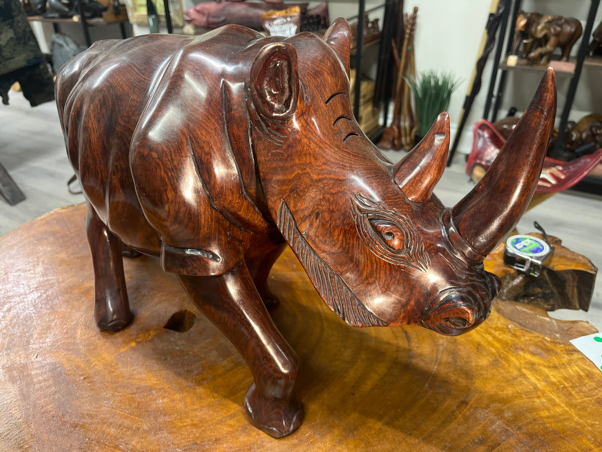 Large and heavy Hand Carved Wooden Standing Rhino Curio (Muscular Look)