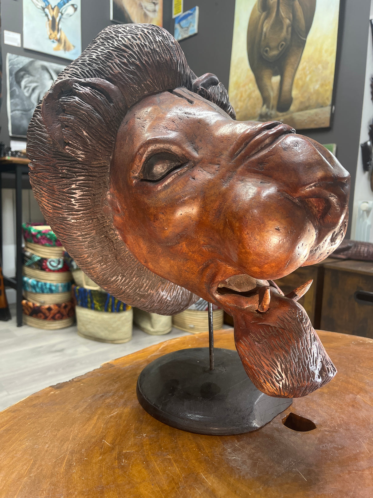 Hand Carved Vintage Rustic And a Bit Scary - Lions Head Wooden Statue Unique Stunning ‘WOW’ Show Piece