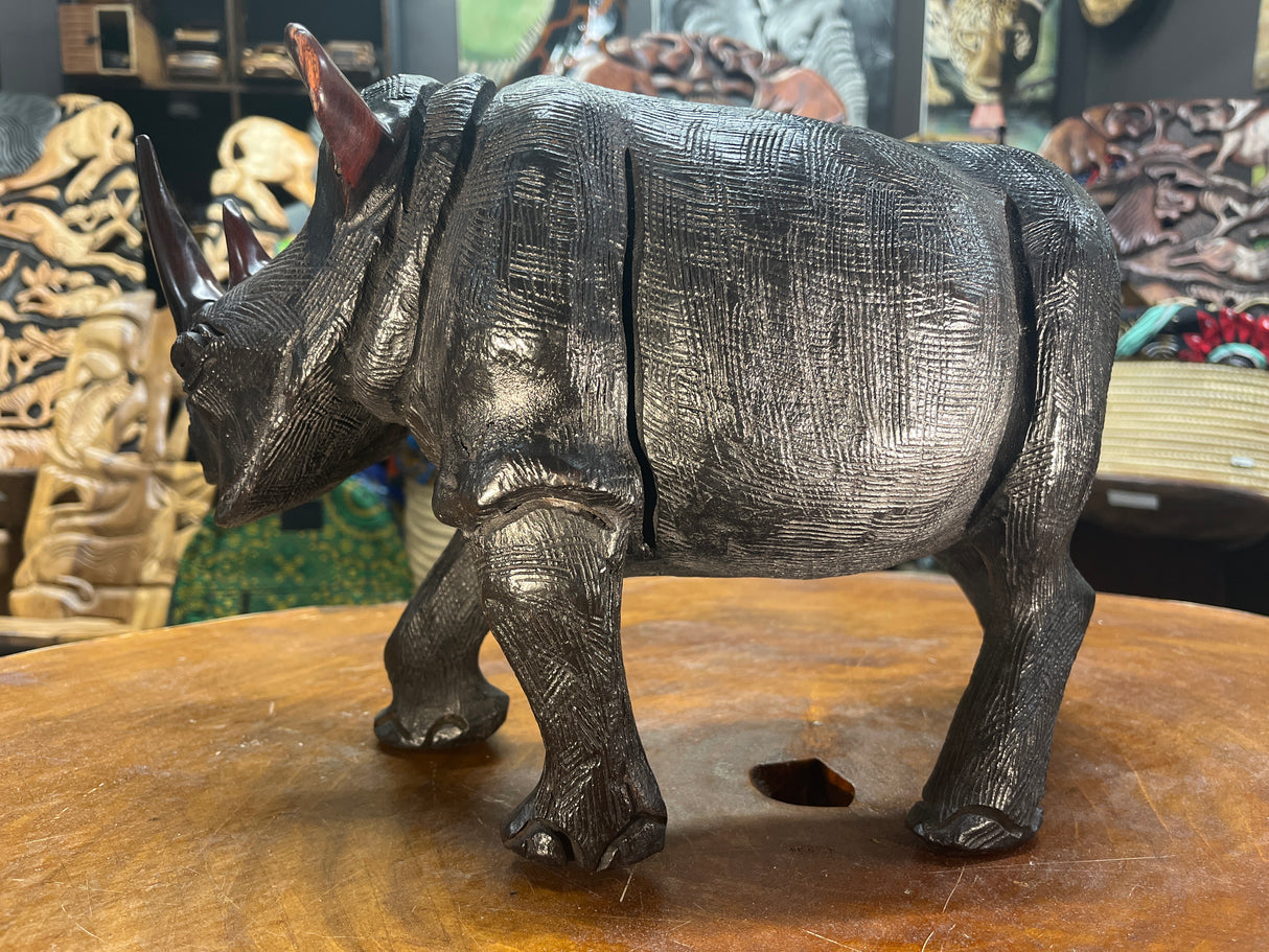 Large Black Hand Carved Wooden Textured Ebony Rhino Malawi