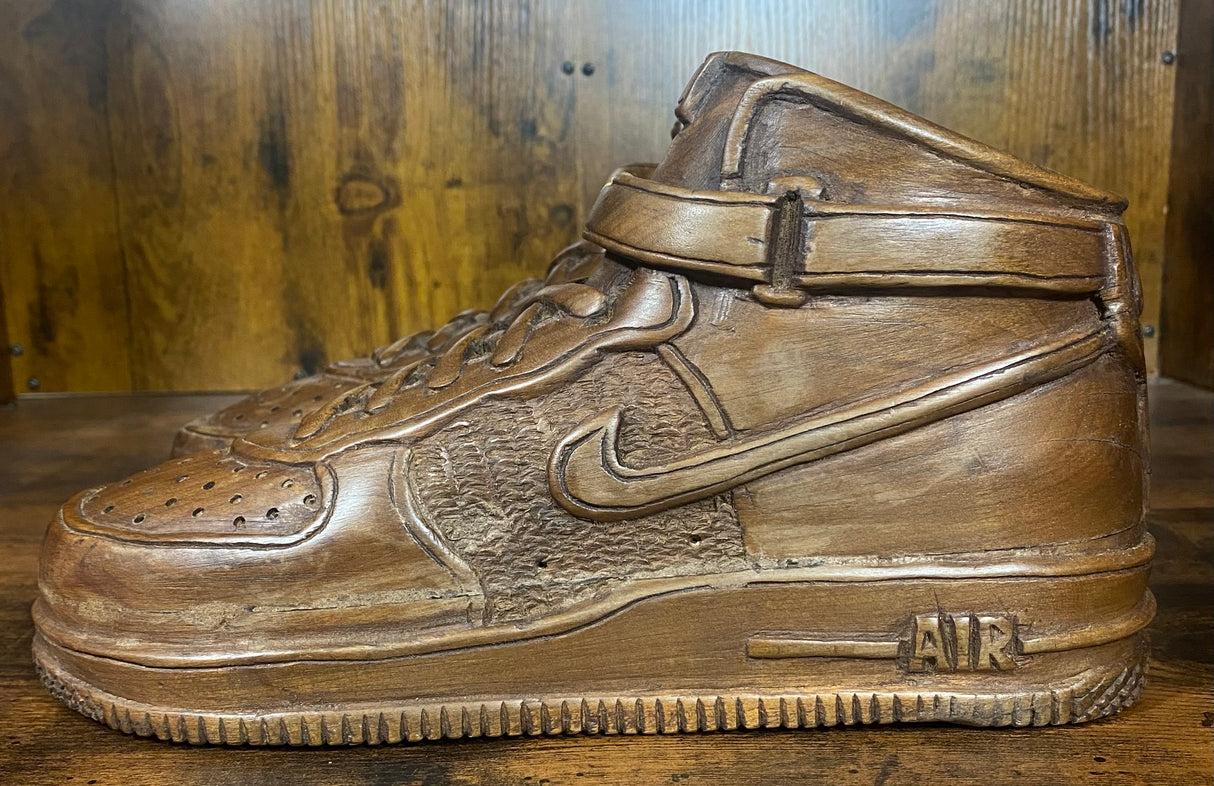 Pair of Nike Air Force One High V2.1 Hand Carved Mahogany Display Piece