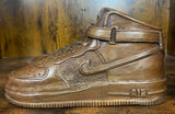 Pair of Nike Air Force One High V2.1 Hand Carved Mahogany Display Piece