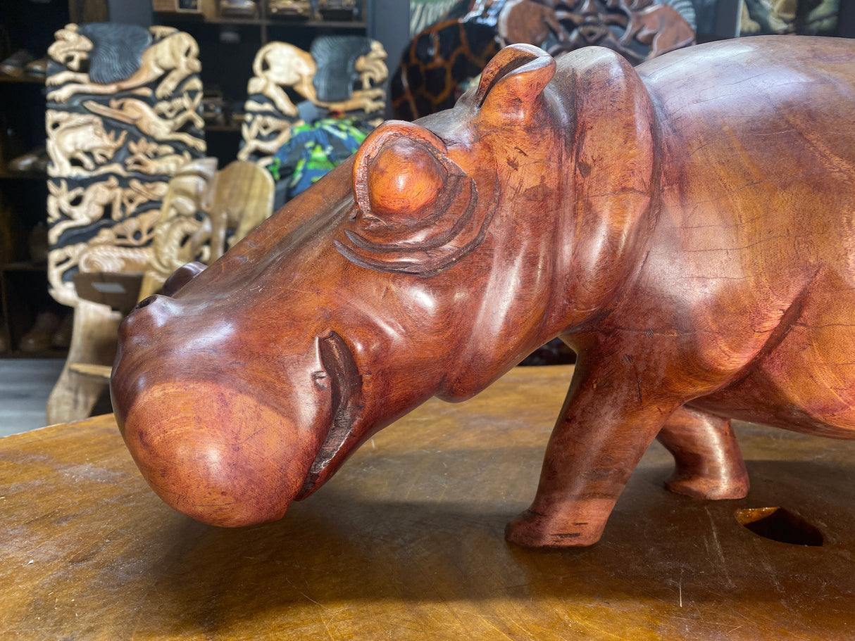 Big Reddish Colour Hand Carved Wooden Smiling Hippo - Mouth Closed (Very Heavy Piece)