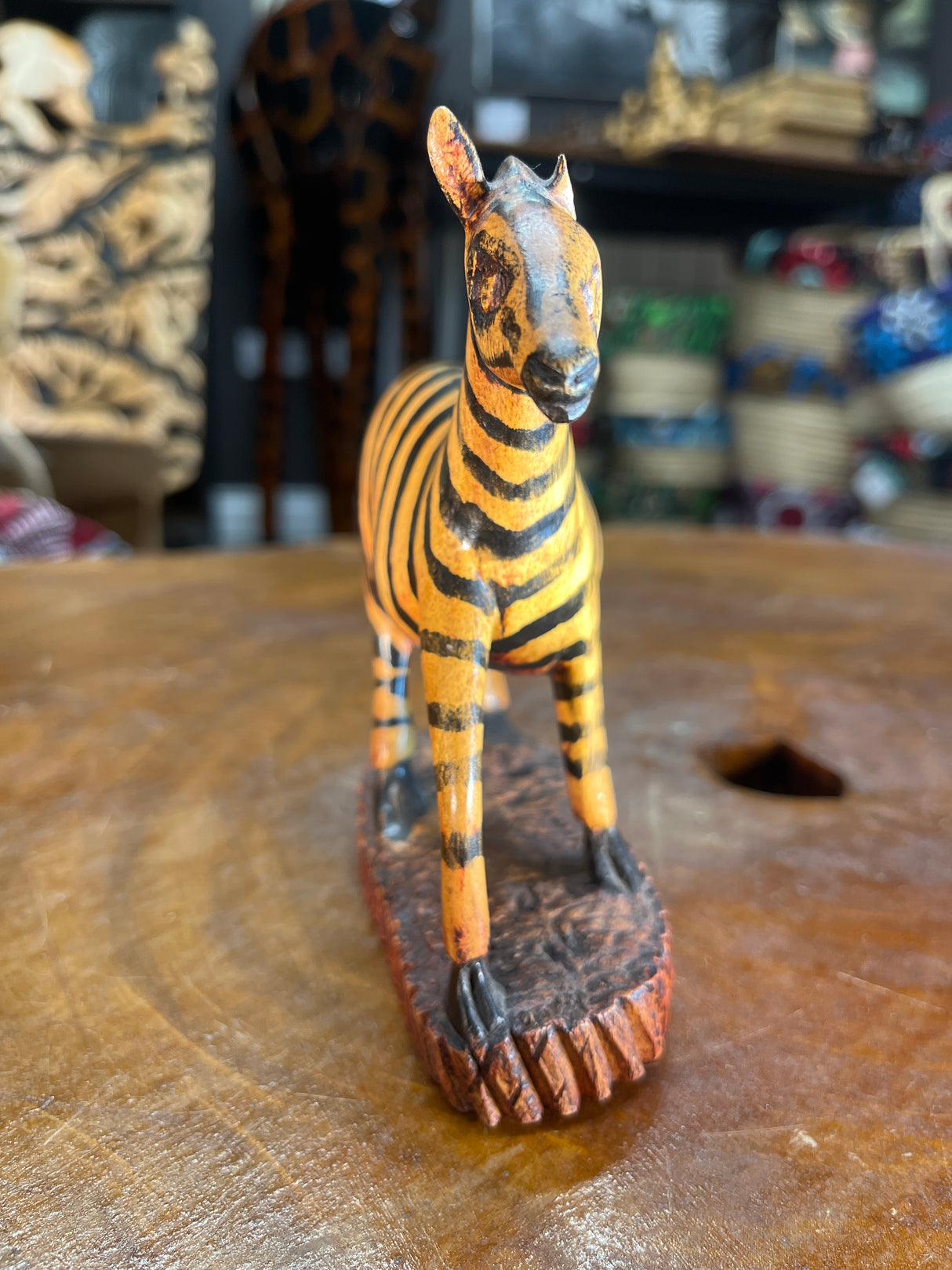 Hand Carved Painted Wooden Zebra on Stand