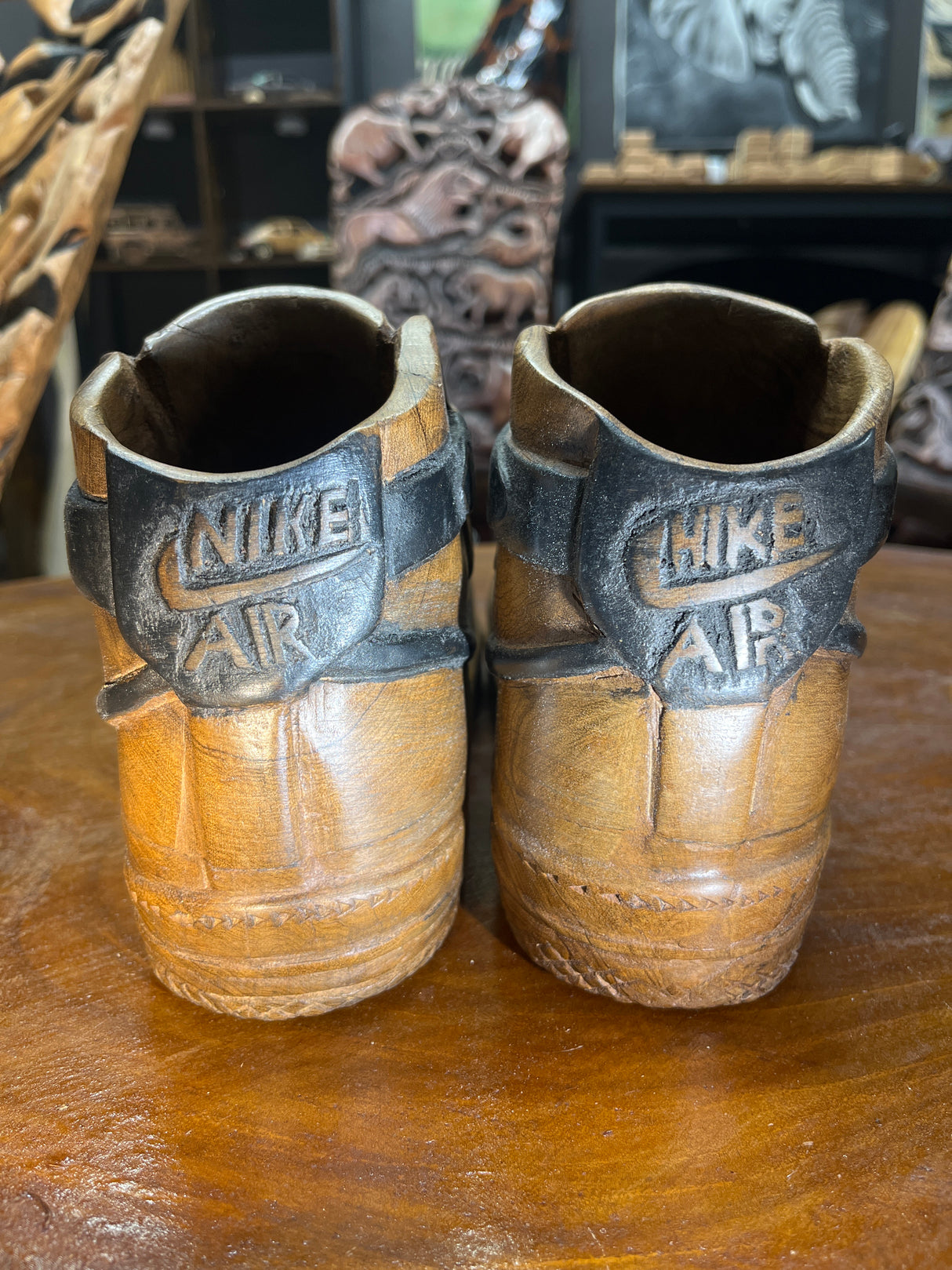 Pair of Nike Air Force One High V1.1 Hand Carved Mahogany Display Piece
