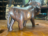 Hand Carved Dark Brown Wooden Buffalo With Horns