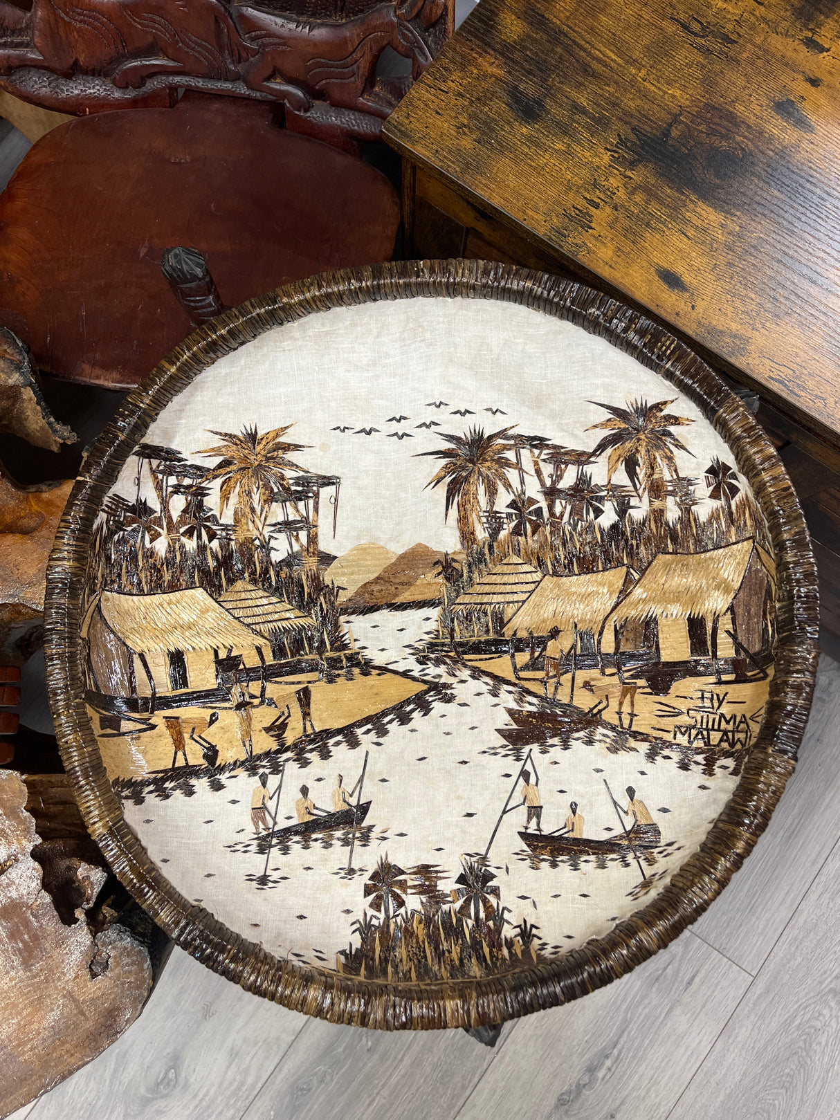 Handmade Wicker, cloth and Banana leaf Decorative Tray - Lake Malawi Scene