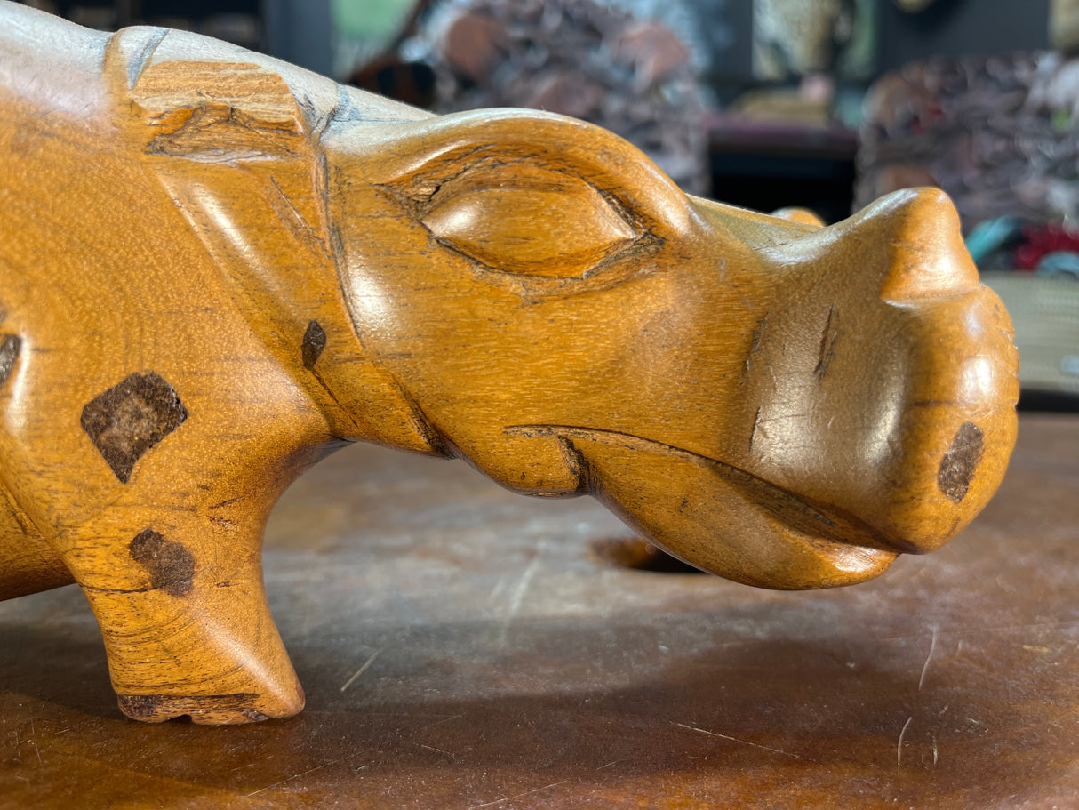 Hand Carved Light Brown Wooden Hippo - Mouth Closed