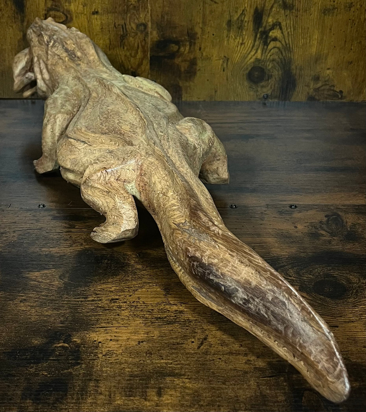 Hand Carved Mahogany Komodo Eating Prey