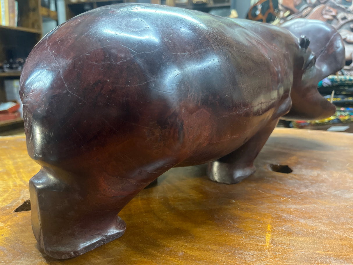 Big Reddish Colour Hand Carved Wooden Hippo - Mouth Open With Teeth (Heavy Piece)
