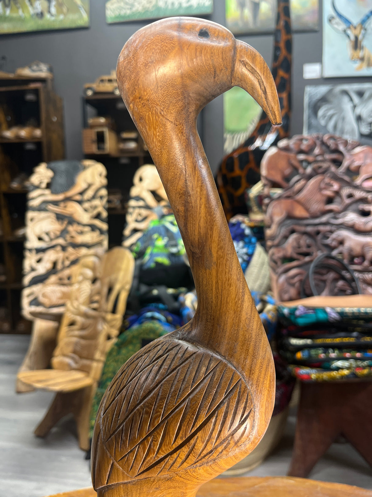 Hand Carved Wooden Crane Bird Slim Body Malawi