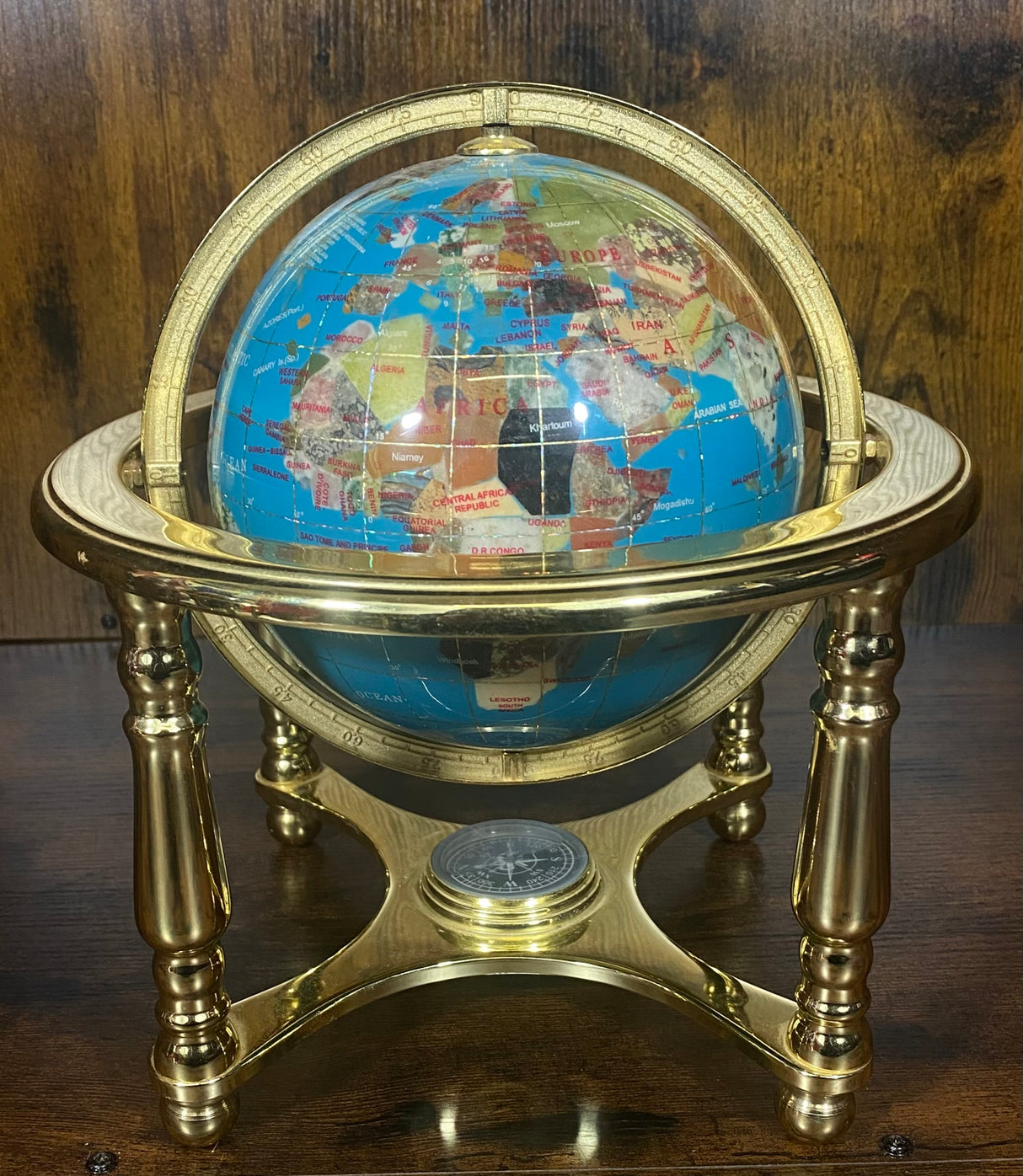 Light Blue Gemstone Globe With Metallic Brass Cradle -  White Compass