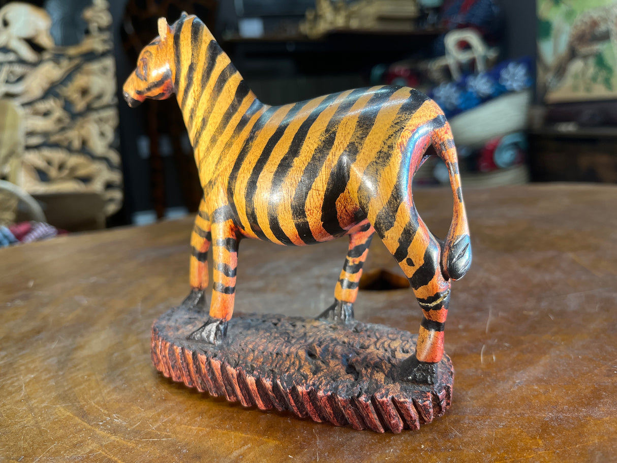 Hand Carved Painted Wooden Zebra on Stand