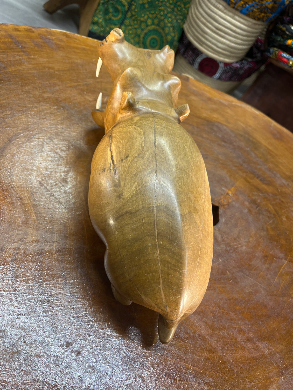 Hand Carved Wooden Walking Hippo - Mouth Open With Teeth