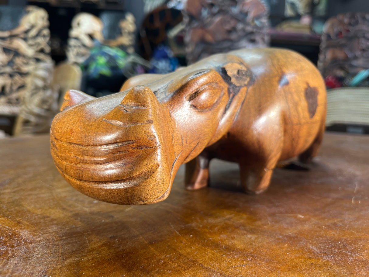 Hand Carved Light Brown Wooden Hippo - Mouth Closed