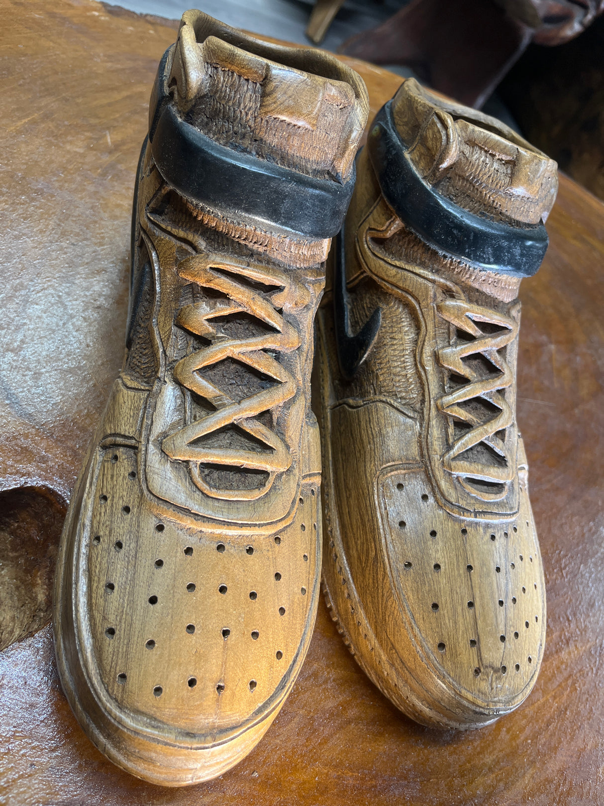 Pair of Nike Air Force One High V1.1 Hand Carved Mahogany Display Piece