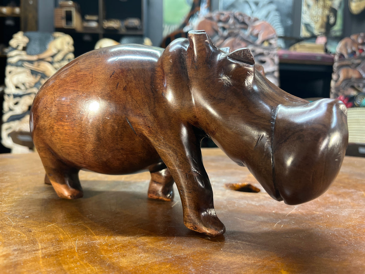 Hand Carved Shiny Dark Brown Wooden Hippo - Mouth Closed