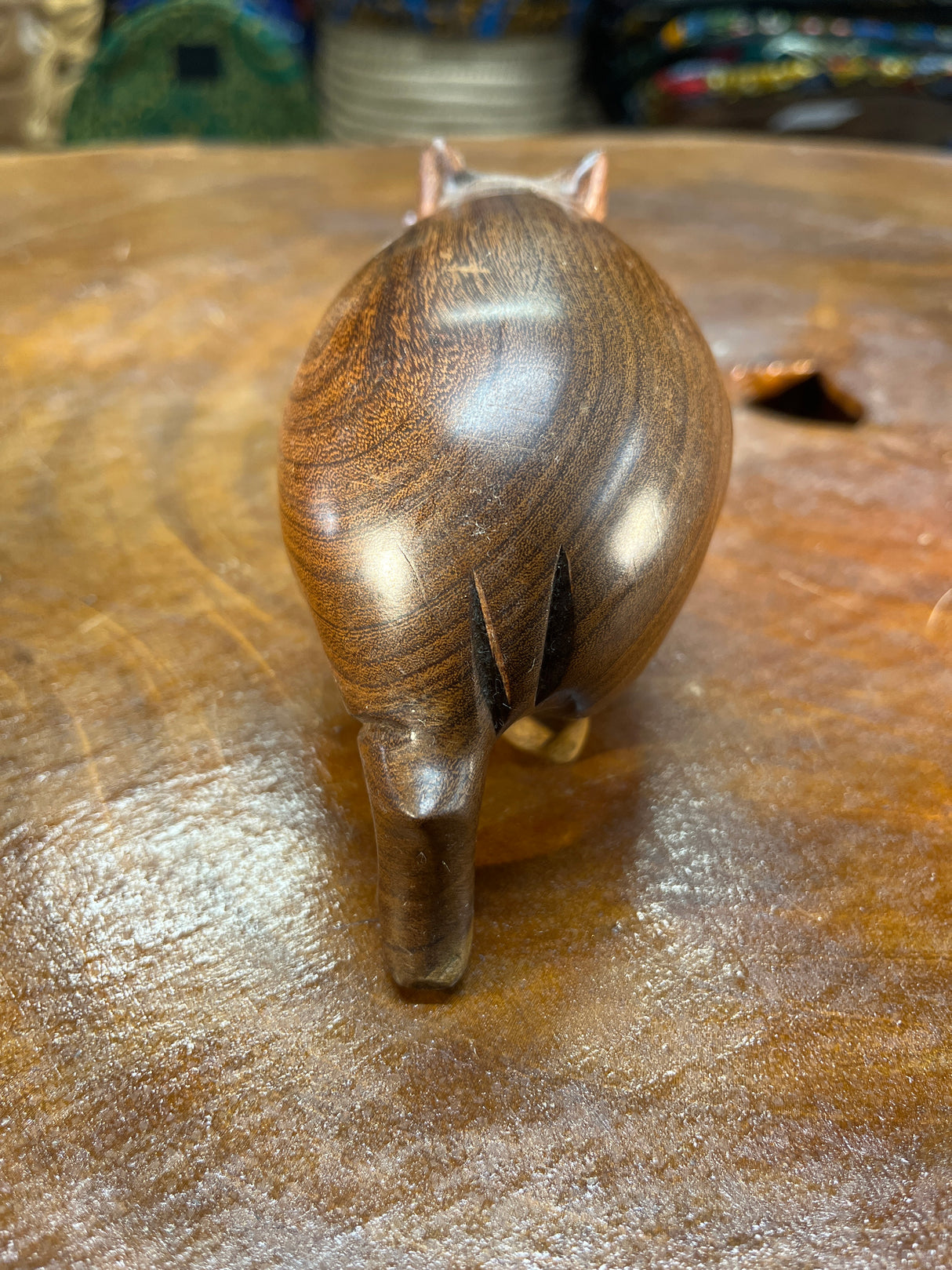 Small Hand Carved Brown Grained Wood Hippo - Mouth Closed