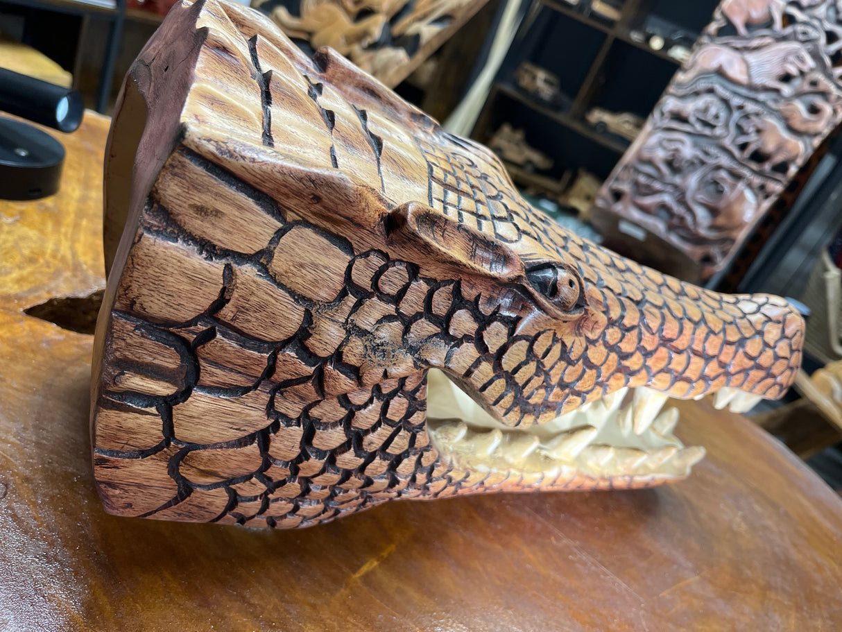 Stunning Lifelike Crocodile Head Wooden Curio