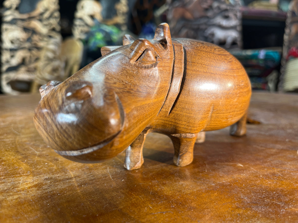 Small Hand Carved Wooden Hippo - Mouth Closed