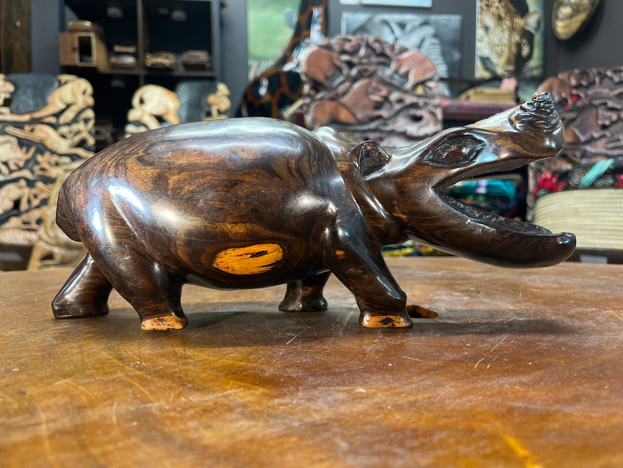 Hand Carved Wooden Hippo - Mouth Open No Teeth
