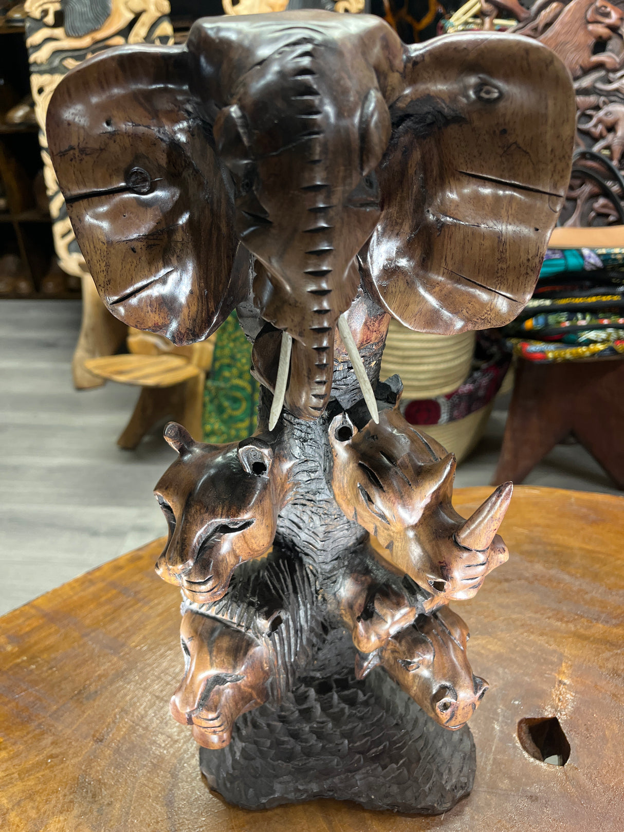 Hand Carved ‘Big 5’ On a Tree Trunk Ornament - Elephant, Leopard, Rhino, Lion, Buffalo