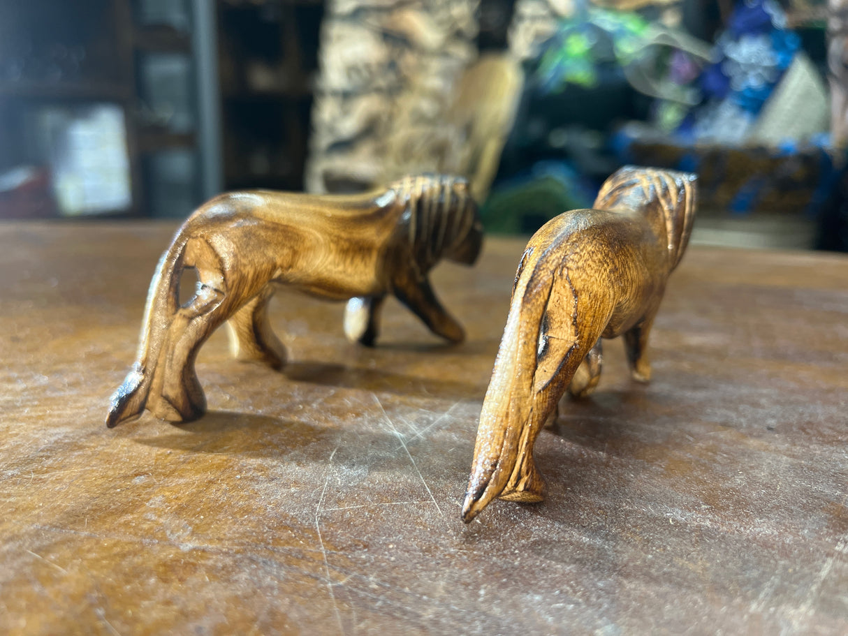 Set of Two Handmade Wooden Burnt Lions