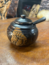 Small Handmade Animal carved Ebony Storage Pot with Spoon