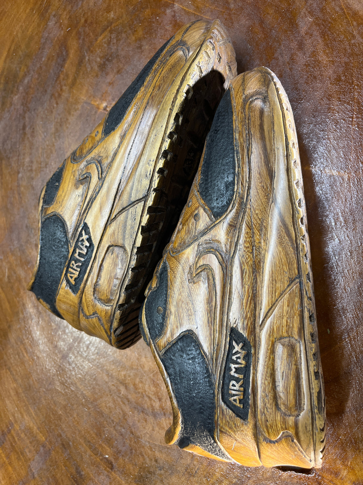 Pair of Nike Air Max 90 V2.1 Hand Carved Painted Mahogany Display Piece