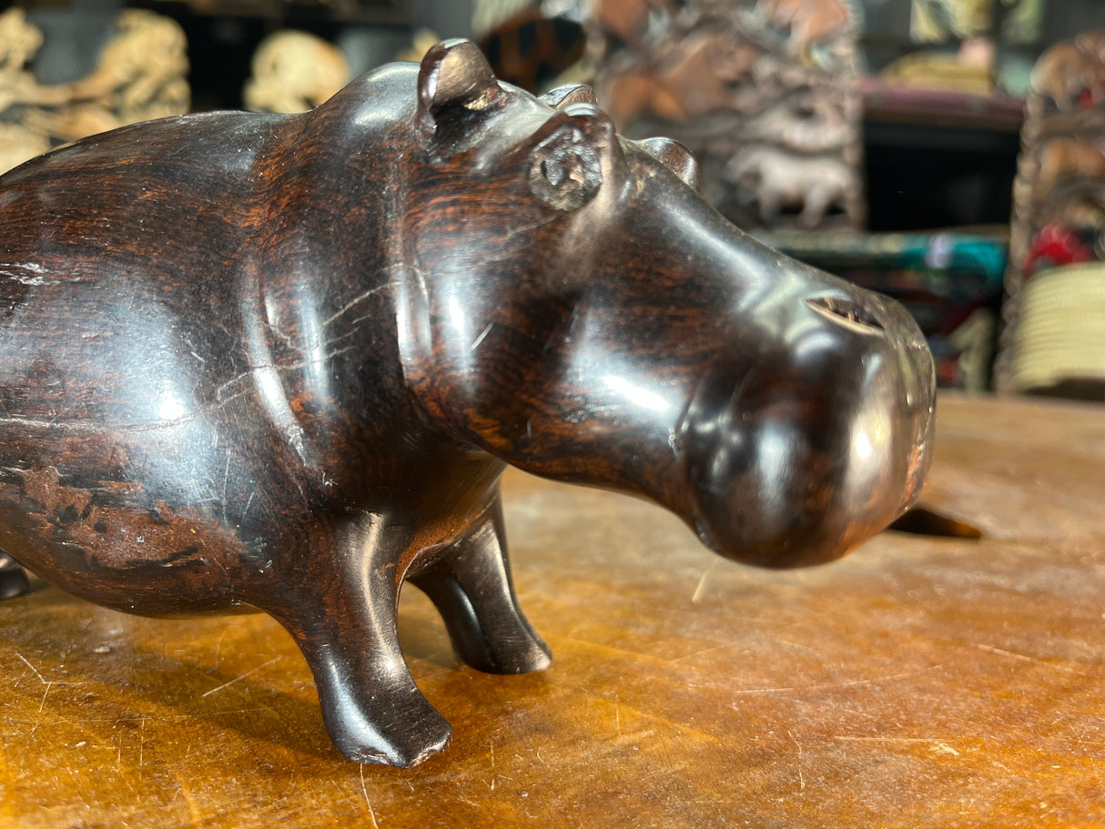 Small Hand Carved Ebony Wooden Hippo - Mouth Closed