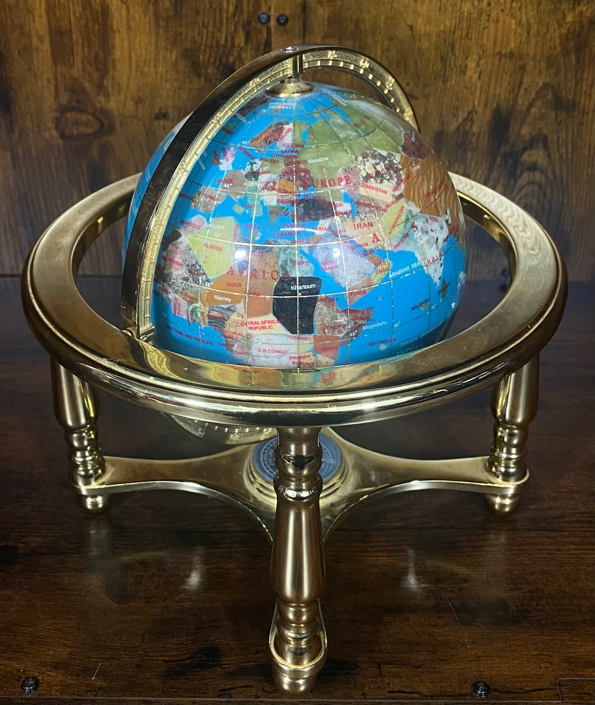 Light Blue Gemstone Globe With Metallic Brass Cradle -  White Compass