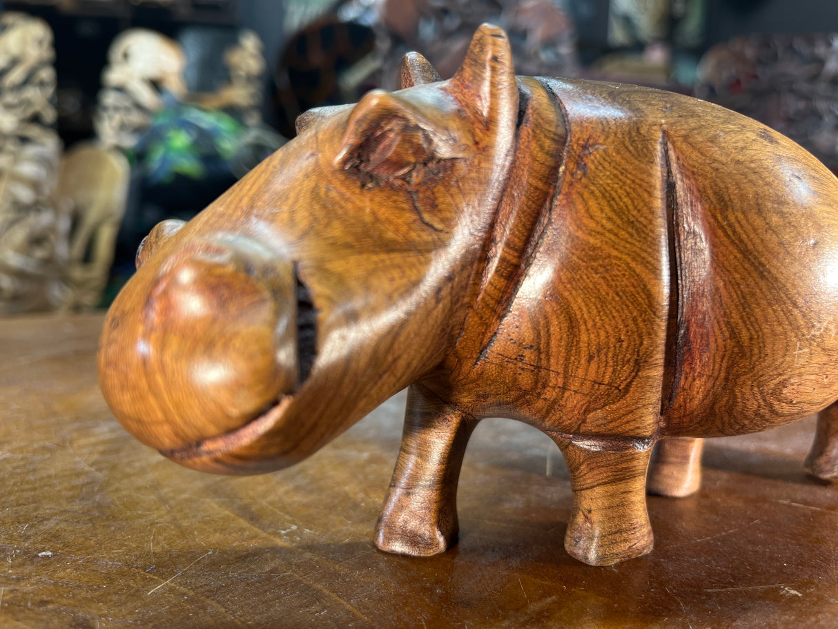 Small Hand Carved Light Brown Grained Wood Hippo - Mouth Closed