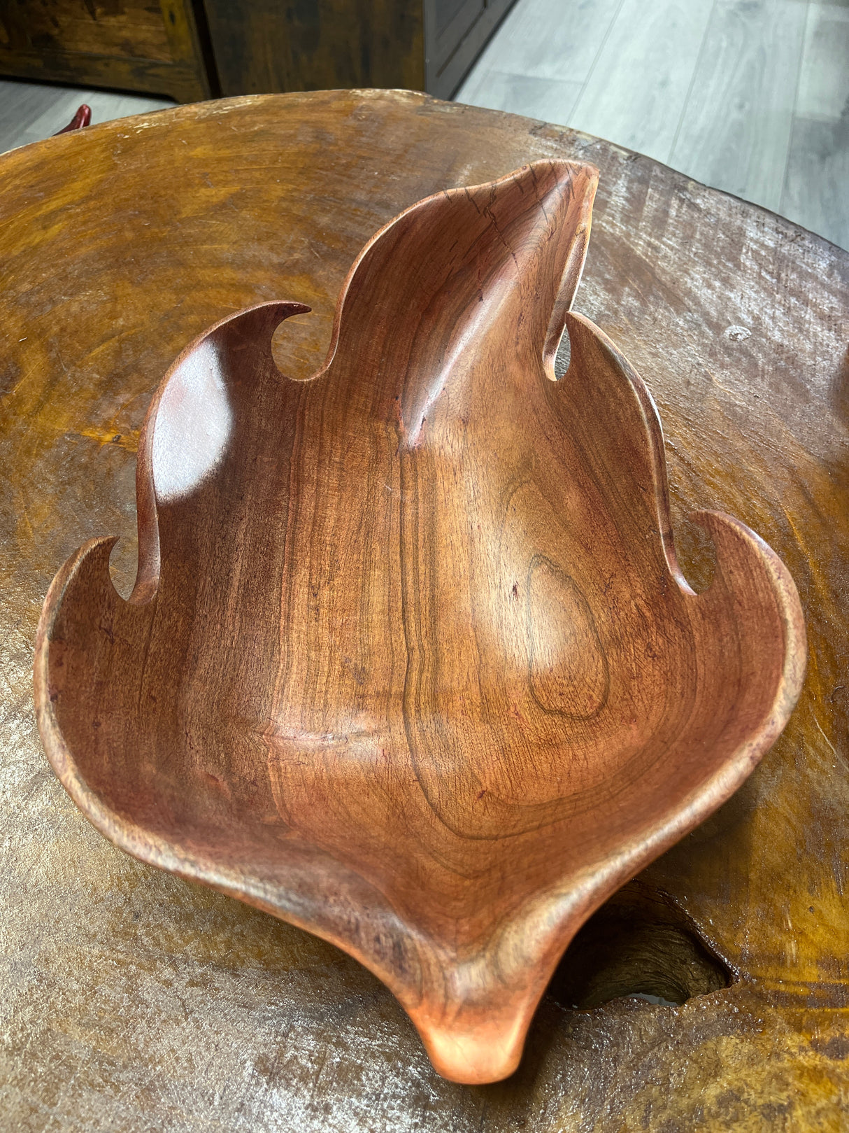 Medium Size Handmade Red Wooden Leaf Salad and Serving Dish