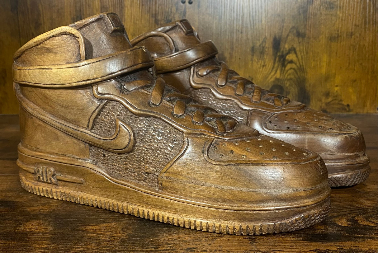 Pair of Nike Air Force One High V2.1 Hand Carved Mahogany Display Piece