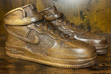 Pair of Nike Air Force One High V2.1 Hand Carved Mahogany Display Piece