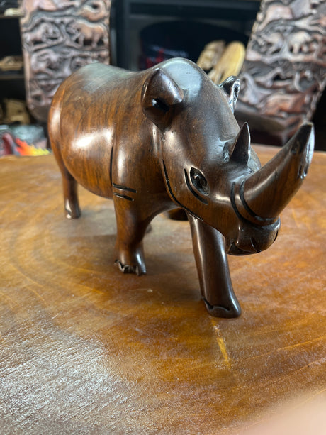 Dark Brown Hand carved Wooden Standing Rhino Curio