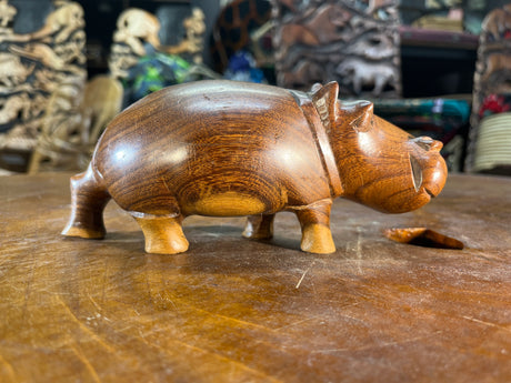 Small Hand Carved Brown Grained Wood Hippo - Mouth Closed